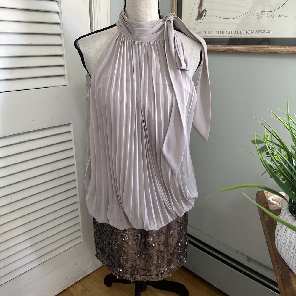 Vintage Cache Dress Large Taupe Pleated Bubble Tie Neck Sequin Cocktail Glam